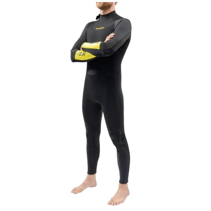 Men's black and grey neoprene wetsuit with yellow hi-vis arms, Dakine RTA Back Zip, abrasion-resistant panels, and rolled seals.