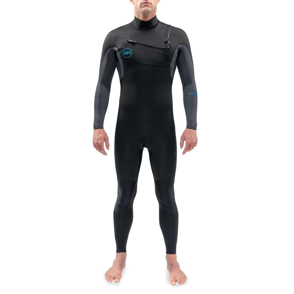 Dakine Quantum black chest zip wetsuit with grey sleeves, neoprene material, and blue logo details, full-body fit