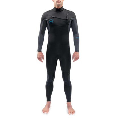 Dakine Quantum black chest zip wetsuit with grey sleeves, neoprene material, and blue logo details, full-body fit