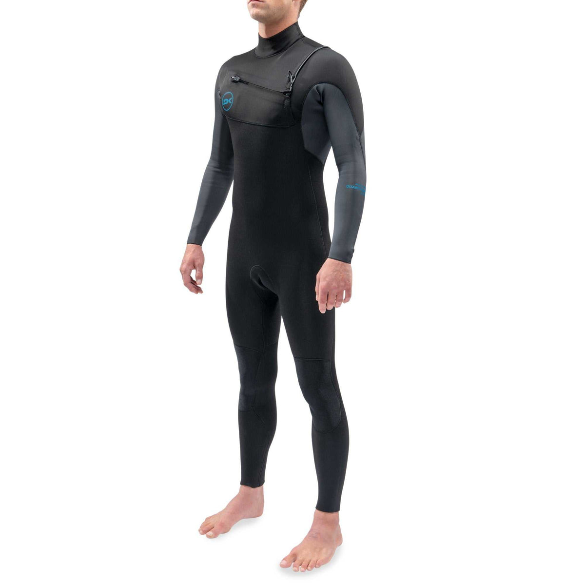 Dakine Quantum black and dark gray full-body neoprene wetsuit with chest zip, high collar, and sleek fit for paddling and flexibility
