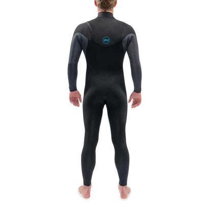 Dakine Quantum black and dark grey neoprene chest zip wetsuit with FLX_THERMO lining and 3D stitch detailing shown from back.
