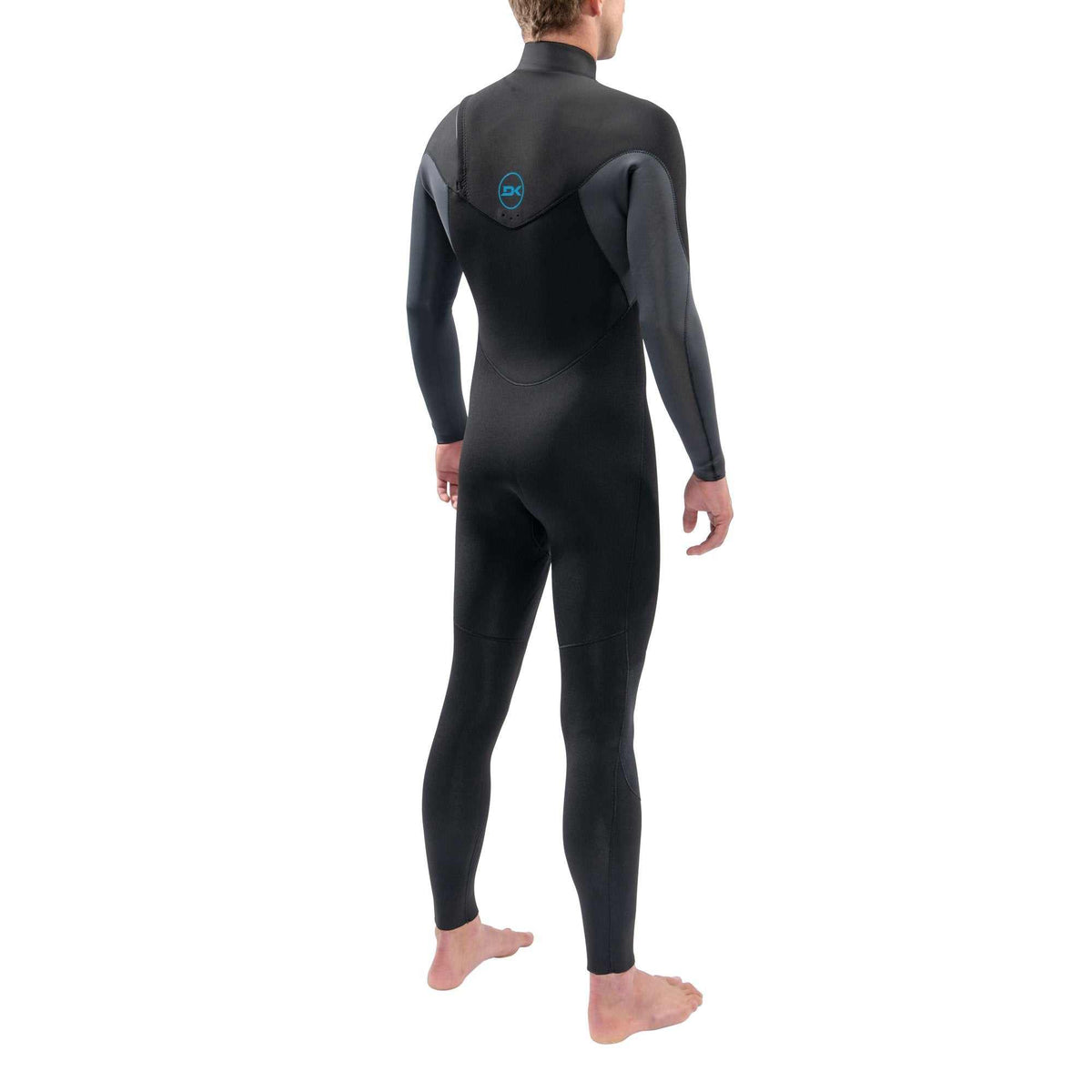 Full-body black and dark gray neoprene wetsuit with chest zip, long sleeves, and blue logo on upper back, Dakine Quantum model.