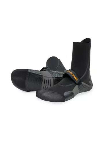 DAKINE UNISEX WETSUIT BOOT in black neoprene with gray accents, round toe, arch strap, and textured sole for grip and durability.