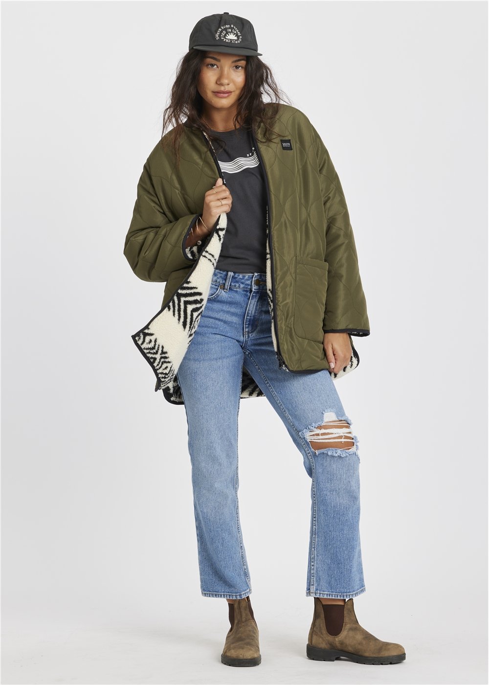 Sisstr Jane Jacket, oversized olive quilted ripstop coat with a black-and-white patterned sherpa reversible side and chest patch.