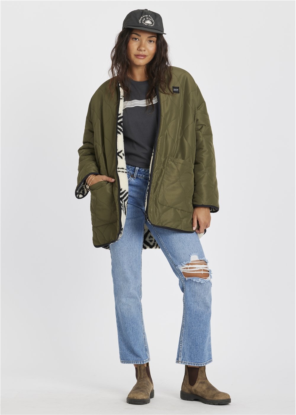 Sisstr Jane Jacket in olive green quilted ripstop nylon, oversized with a stand collar, front patch pockets and printed lining.