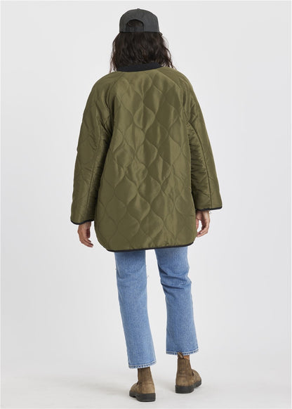 Sisstr Jane Jacket in olive green quilted nylon, with an oversized cut and diamond stitching across the back.