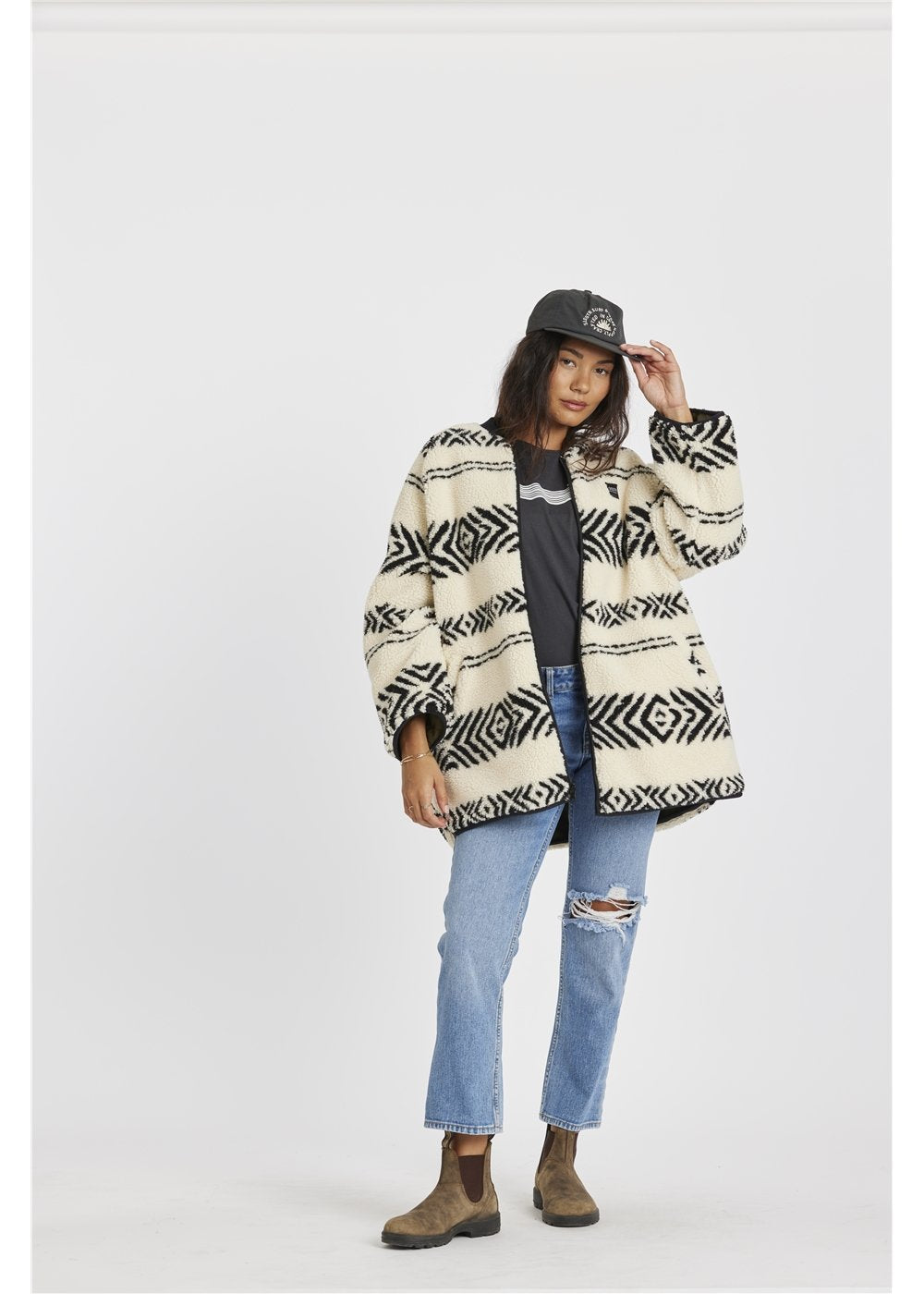 Sisstr Jane Jacket in cream and black patterned sherpa, with an oversized fit and bold geometric print.