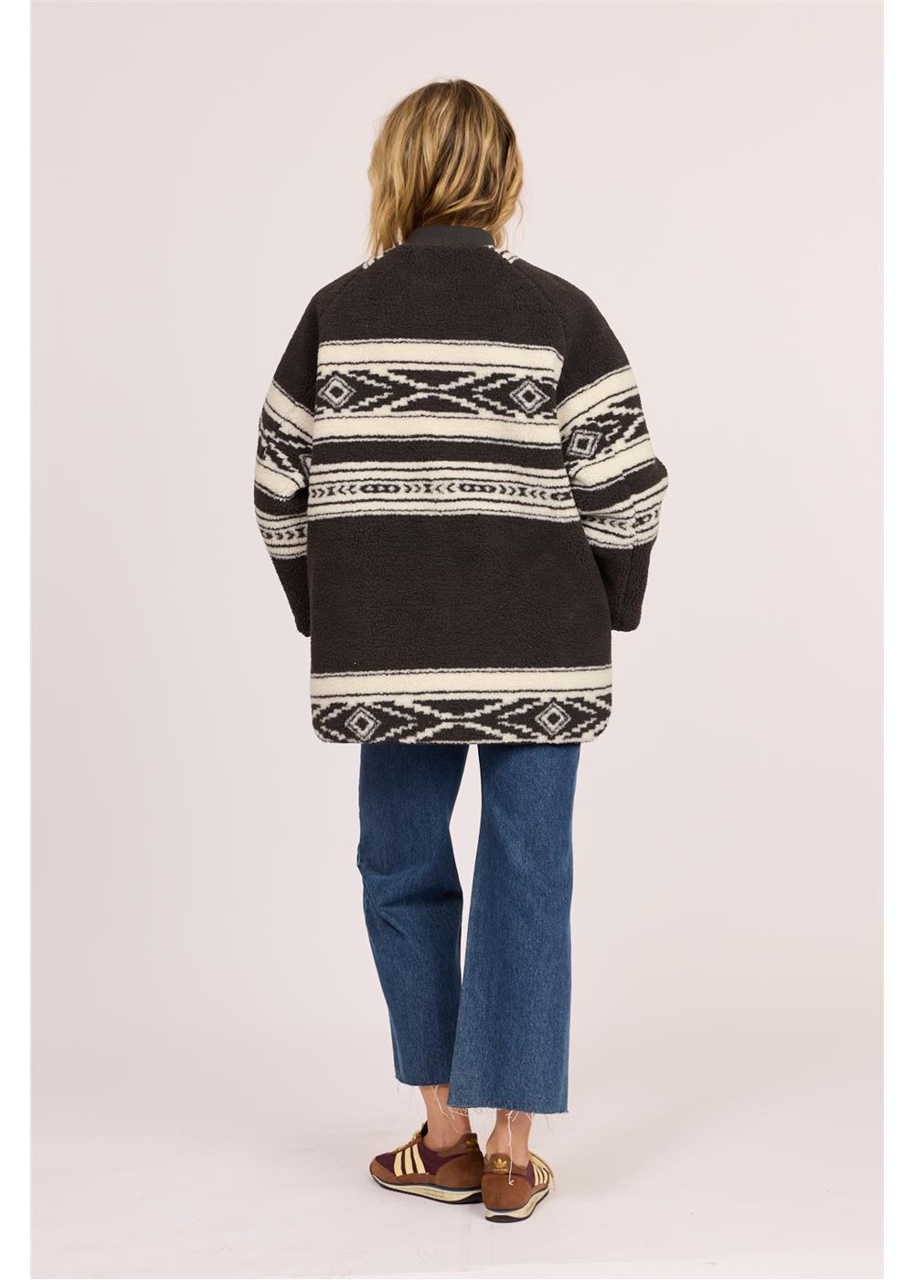 Sisstr Jane Jacket, oversized black sherpa with cream geometric patterned bands and a high collar.