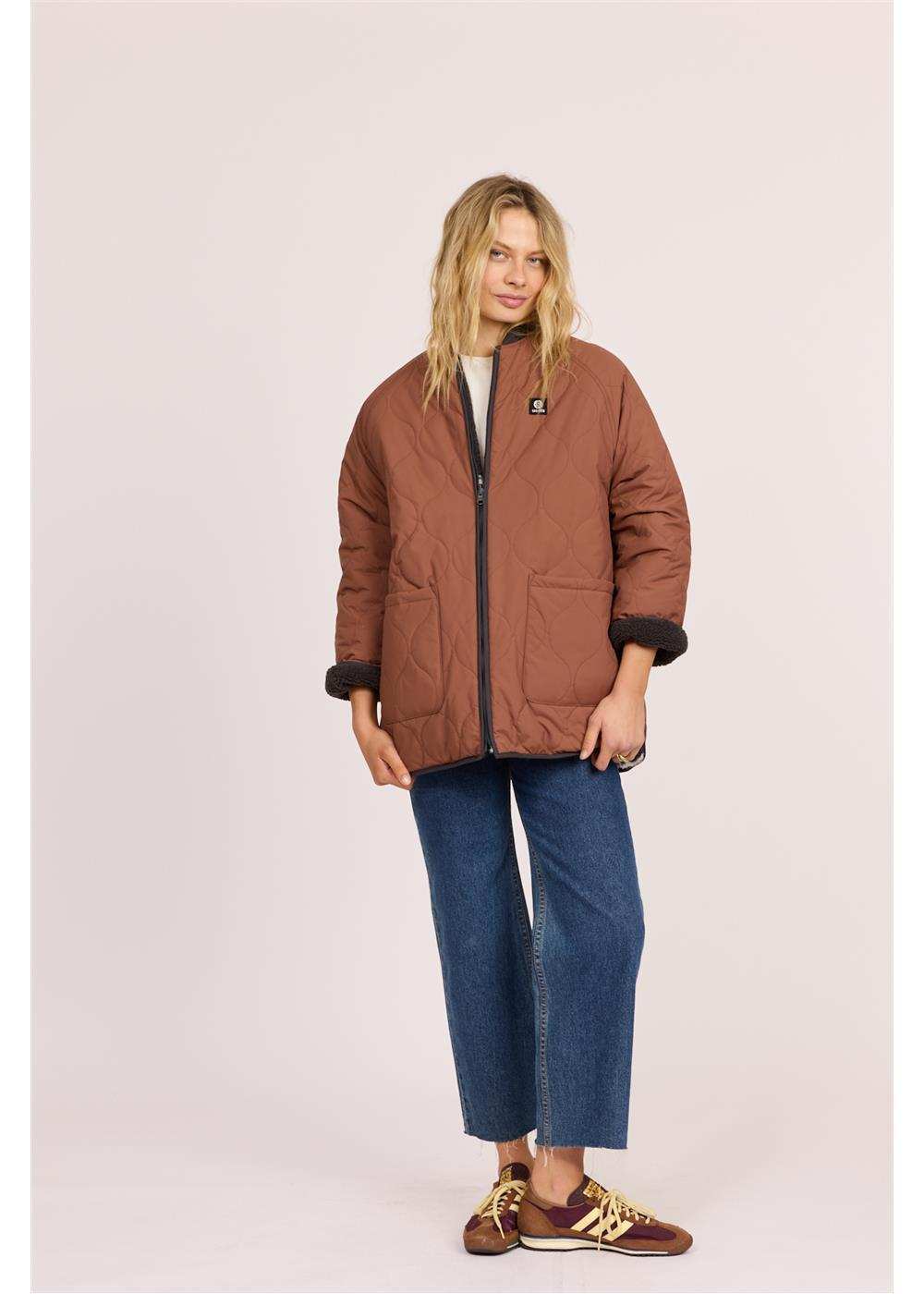Sisstr Jane Jacket, brown quilted nylon with diamond stitching, black trim, and front patch pockets.