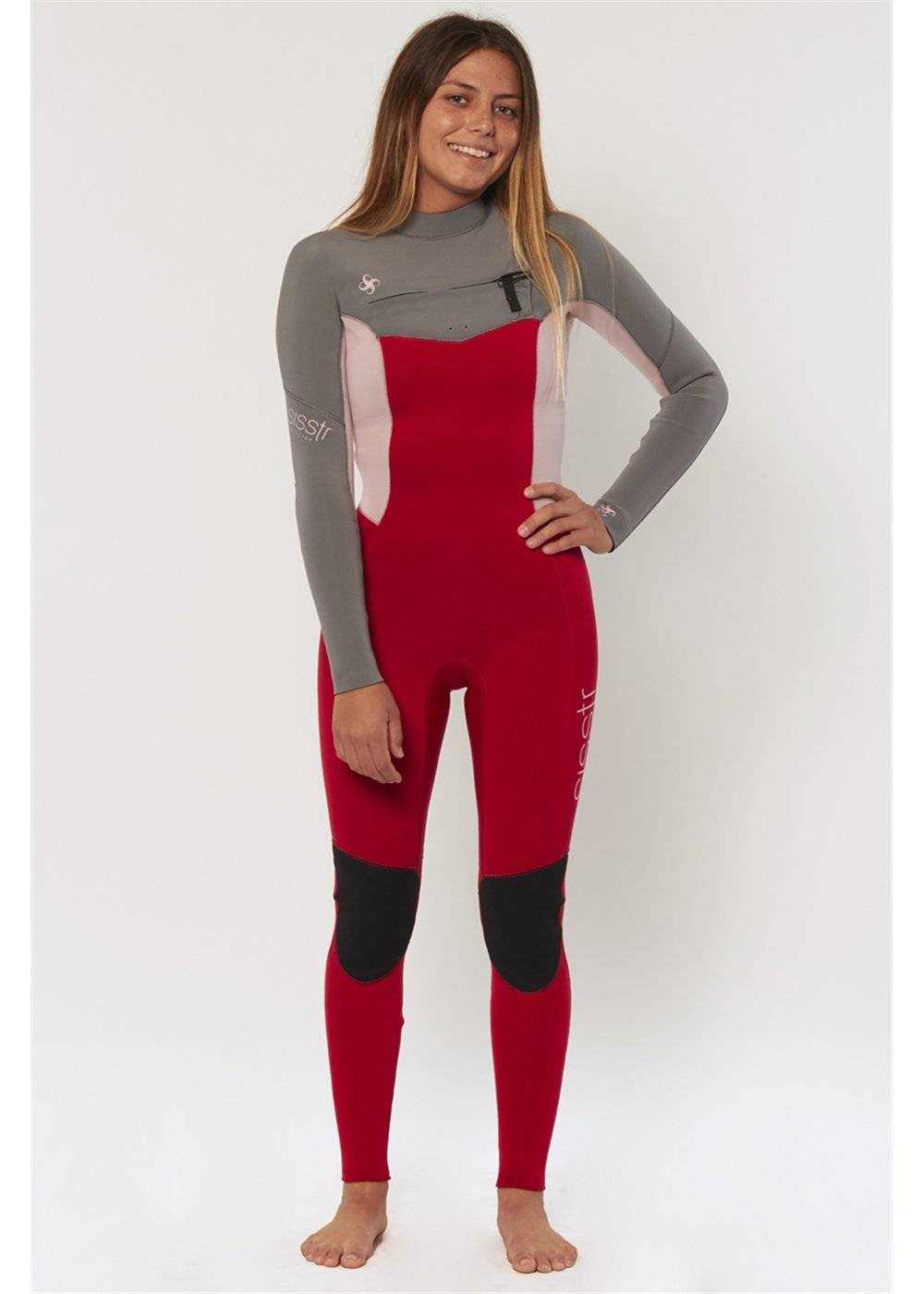 Seven Seas 3/2 Chest Full Wetsuit in red and grey neoprene with black knee pads, chest zipper, and long sleeves for warmth and stretch.