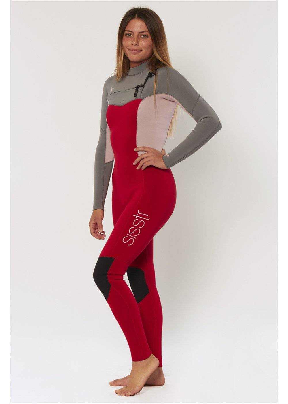 Seven Seas 3/2 Chest Full Wetsuit in red and grey with pink side panels, neoprene material, chest-zip, and knee pads.