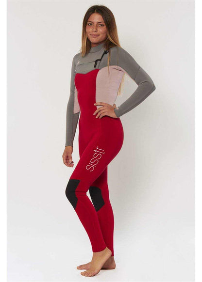 Seven Seas 3/2 Chest Full Wetsuit in red and grey with pink side panels, neoprene material, chest-zip, and knee pads.
