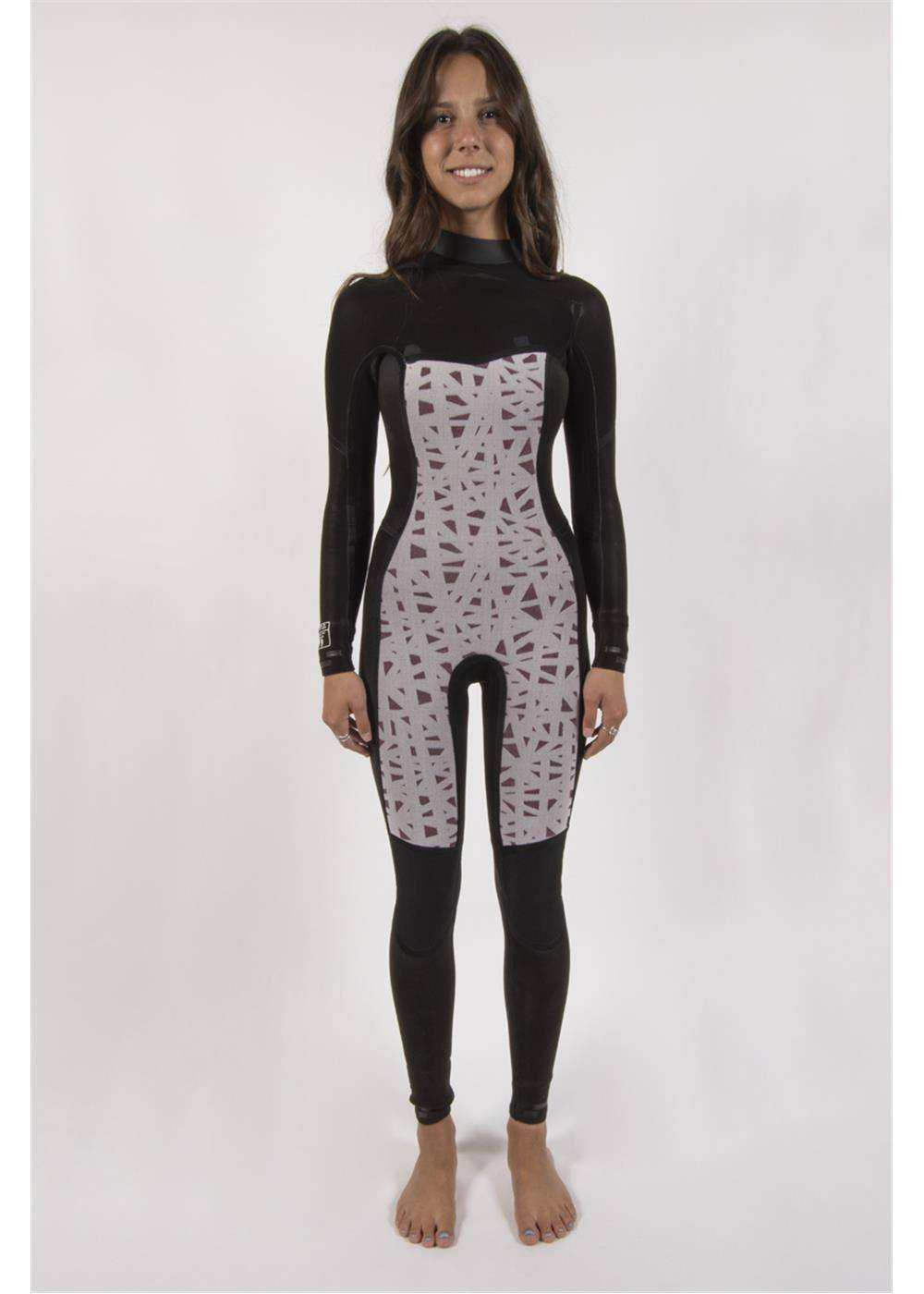 Seven Seas 3/2 Chest Full Wetsuit in black with pink abstract patterned chest and thigh panels, fitted design, and long sleeves.