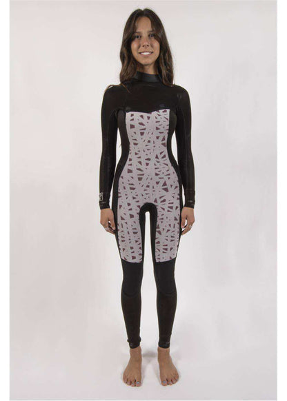 Seven Seas 3/2 Chest Full Wetsuit in black with pink abstract patterned chest and thigh panels, fitted design, and long sleeves.