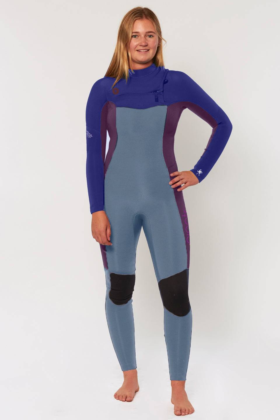 Sisstrevolution 7 seas wetsuit featuring blue and purple super stretch neoprene with black knee pads and a chest zip entry design