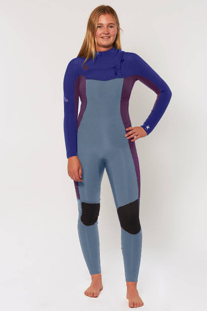 Sisstrevolution 7 seas wetsuit featuring blue and purple super stretch neoprene with black knee pads and a chest zip entry design