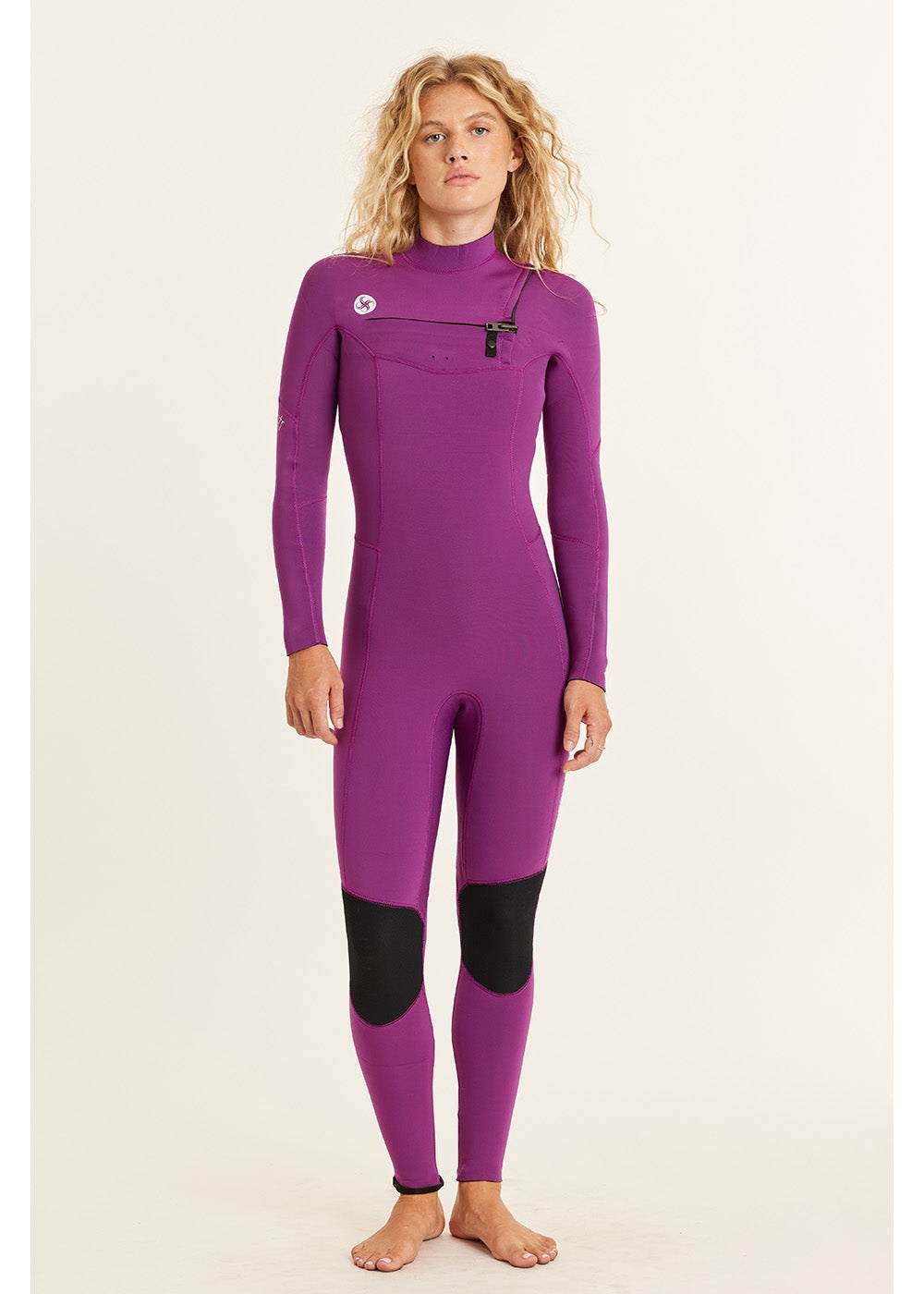 Sisstr 7 Seas 5/4 Chest Zip Wetsuit in purple neoprene with black knee pads, chest zip closure, and sleek fitted design for warmth and stretch