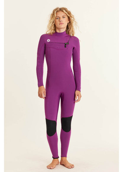 Sisstr 7 Seas 5/4 Chest Zip Wetsuit in purple neoprene with black knee pads, chest zip closure, and sleek fitted design for warmth and stretch