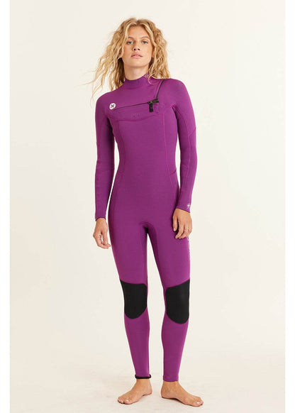 Sisstr 7 Seas 5/4 Chest Zip Wetsuit in purple neoprene with black knee pads, thermal lining, and a chest zip entry for cold water.