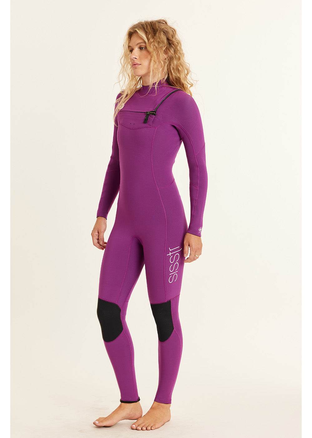 Sisstr 7 Seas 5/4 Chest Zip Wetsuit in purple with black knee pads, chest zip, and sisstr logo on the leg, made from stretchy neoprene material.