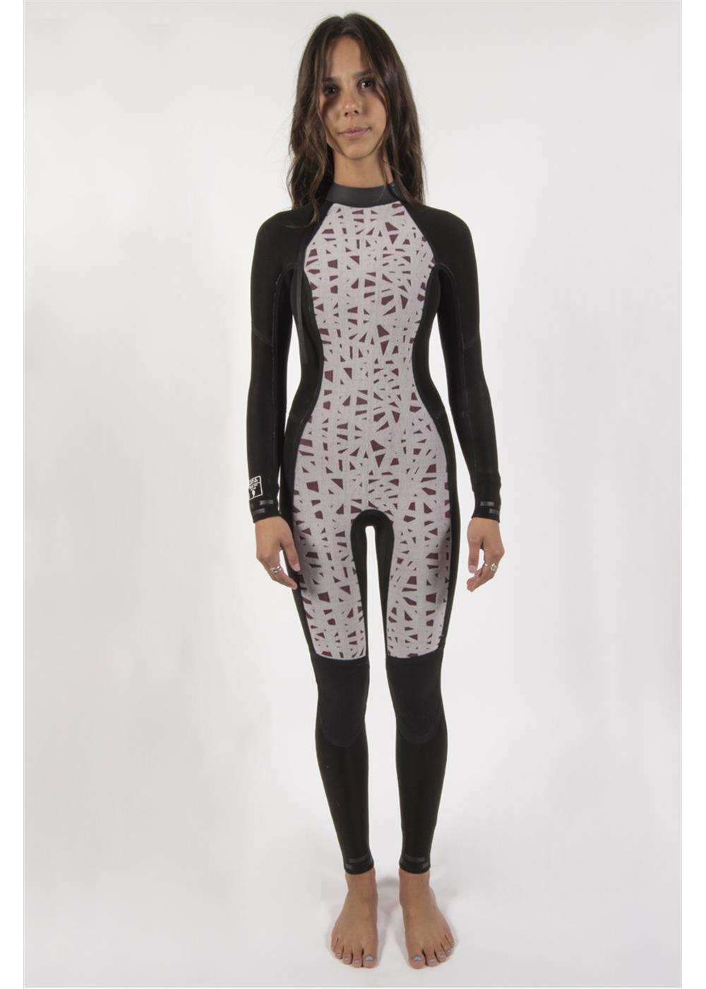Sisstr 7 Seas 5/4 Chest Zip Wetsuit in black with a gray geometric patterned front panel made of stretchy neoprene material.