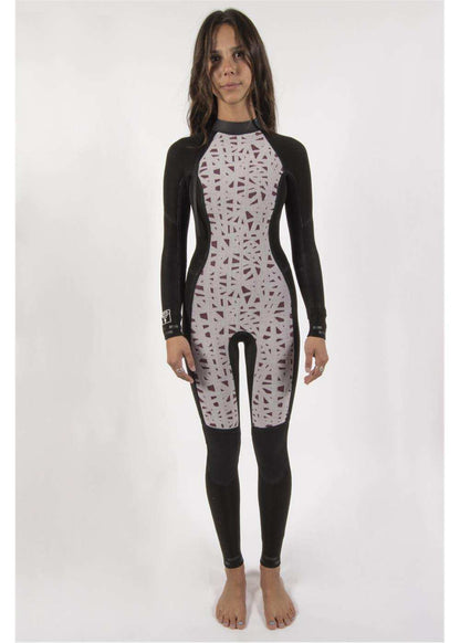 Sisstr 7 Seas 5/4 Chest Zip Wetsuit in black with a gray geometric patterned front panel made of stretchy neoprene material.