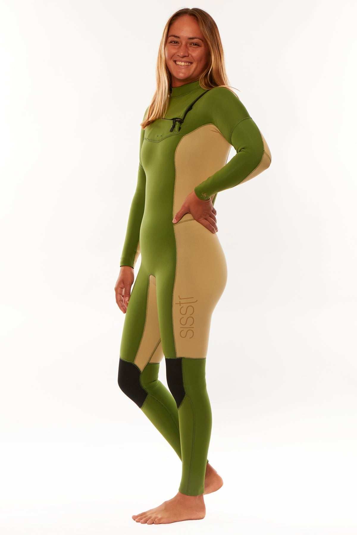 Sisstrevolution 7 seas green and beige chest zip wetsuit with long sleeves, tailored fit, and black knee pads on model