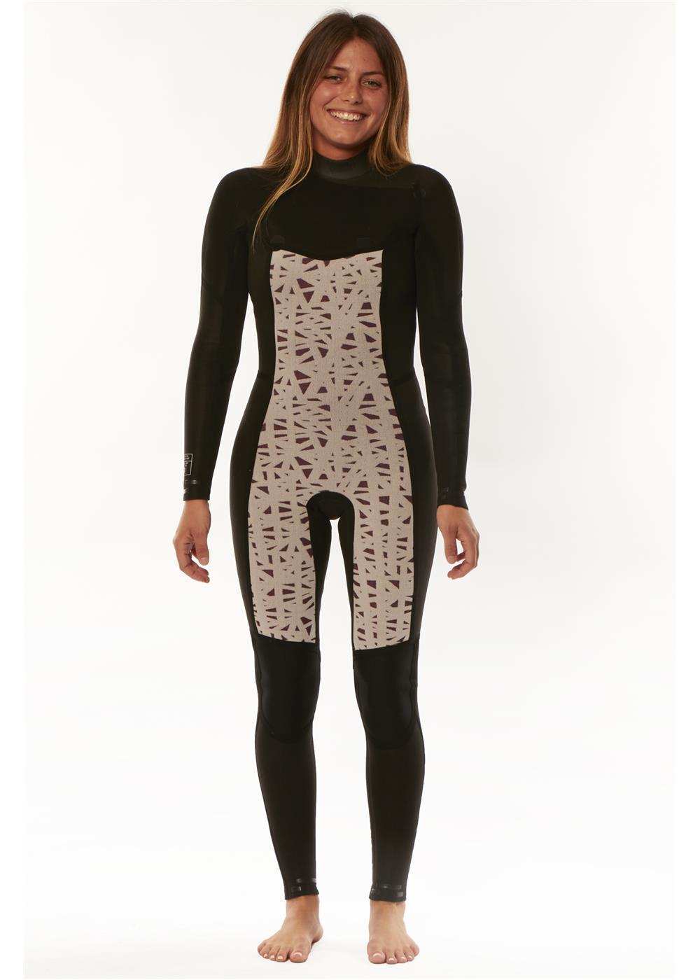 Full-body black wetsuit with patterned grey front panel and chest zip design worn by smiling female model, Sisstr 7 Seas 5/4 Chest Zip Wetsuit.