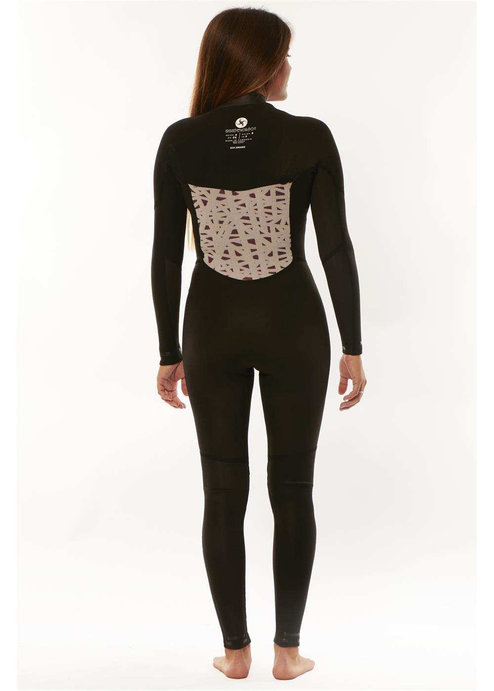 Sisstr 7 Seas 5/4 Chest Zip Wetsuit in black neoprene with a beige patterned back panel and contoured seam design.
