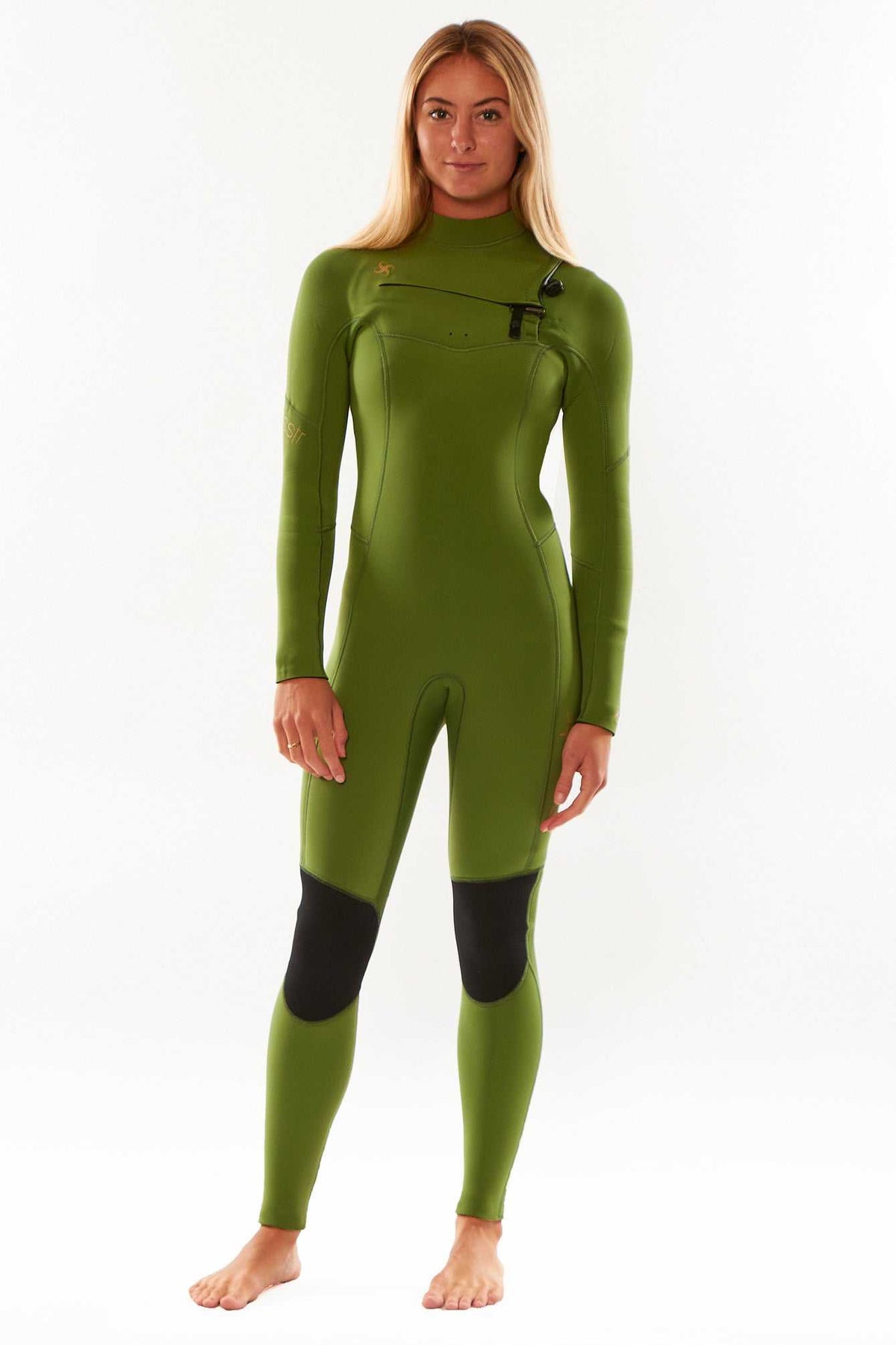 Sisstr 7 Seas 5/4 Chest Zip Wetsuit in olive green with black knee pads, made of stretchy neoprene with a chest zip and slim fit design.