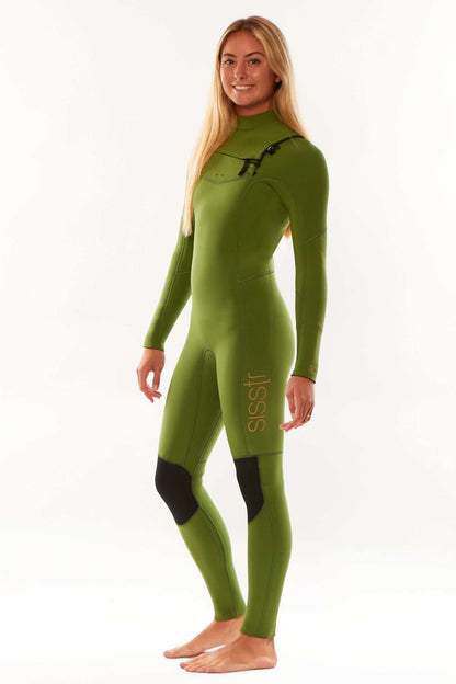 Sisstr 7 Seas 5/4 Chest Zip Wetsuit in olive green neoprene with black knee pads and chest zip closure, designed for warmth and stretch.