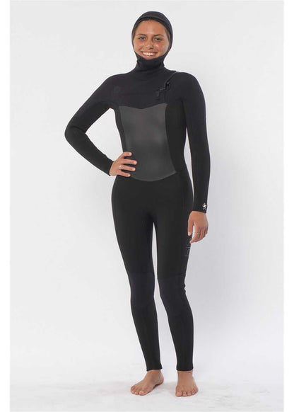 Sisstr 7 seas black hooded wetsuit with chest zip, smooth chest panel, and full-length sleeves and legs made of neoprene and nylon