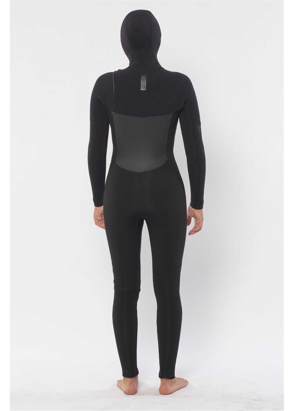 Sisstr 7 seas full-body wetsuit in black neoprene with hood and chest zip, featuring a smooth back panel and sleek fit