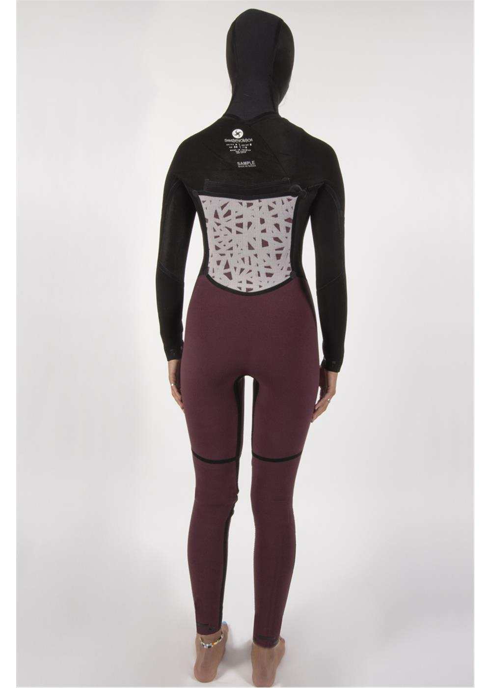 Sisstr 7 seas hooded wetsuit in black and dark purple neoprene with a patterned grey back panel and chest zip closure
