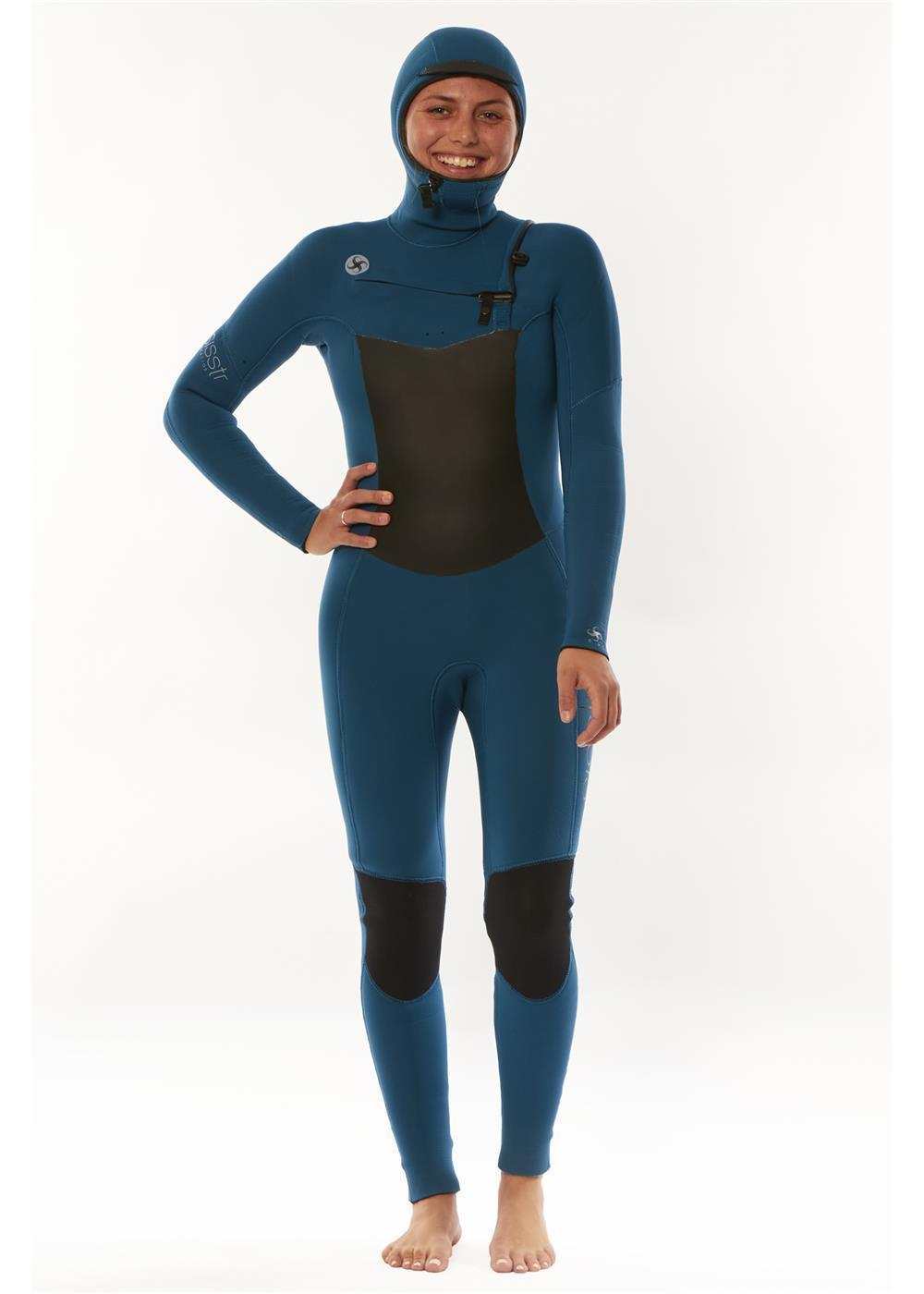 Sisstr 7 Seas 6/5 Hooded Chest Zip Wetsuit in blue with black chest and knee panels, full-body neoprene material and hooded design.