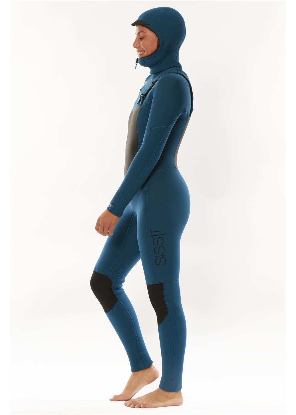 Sisstr 7 Seas 6/5 Hooded Chest Zip Wetsuit in blue neoprene with black knee pads and chest panel, full body fit and attached hood