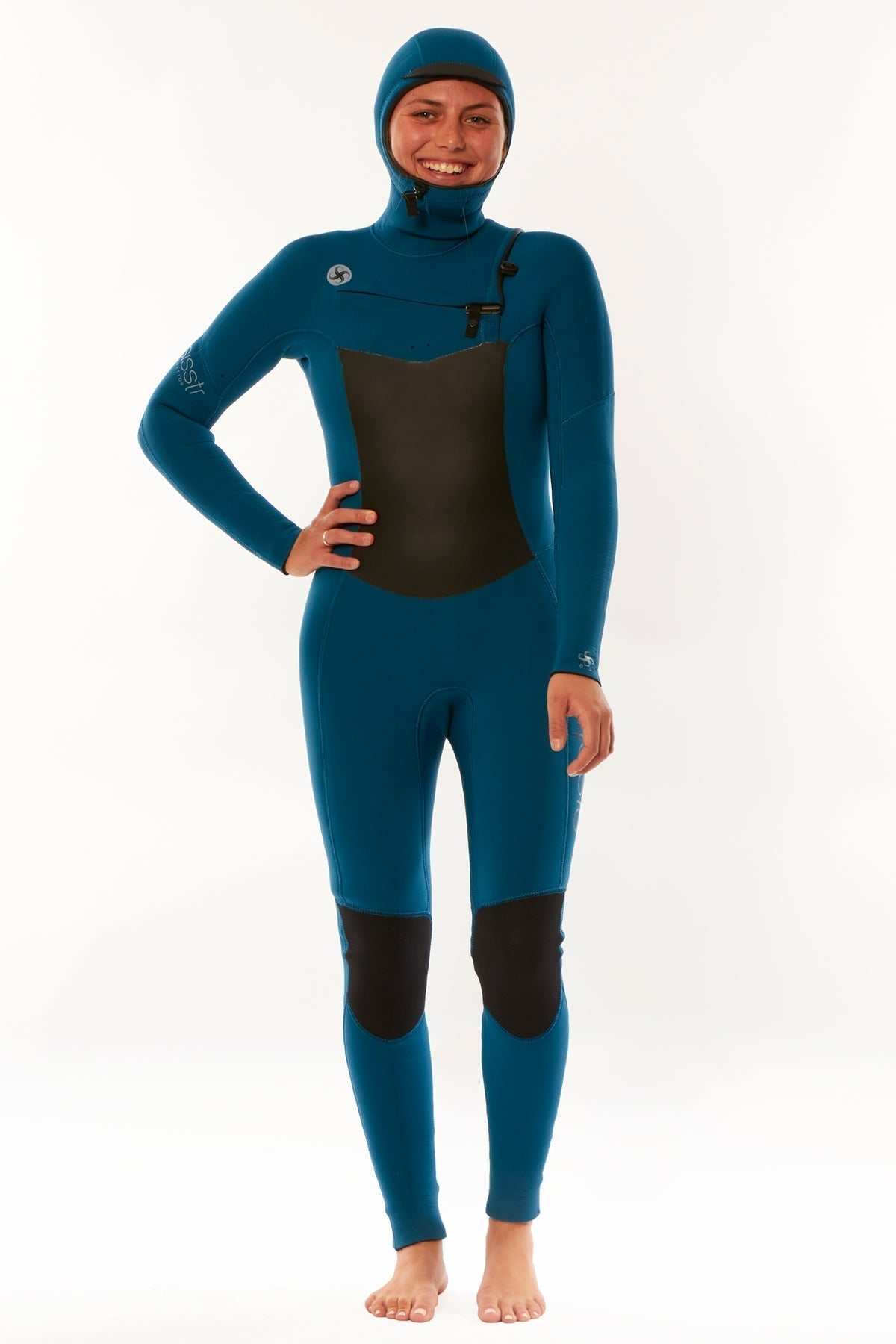 Sisstr 7 Seas 6/5 Hooded Chest Zip Wetsuit in teal blue with black chest and knee panels, hooded design, and chest zipper closure.