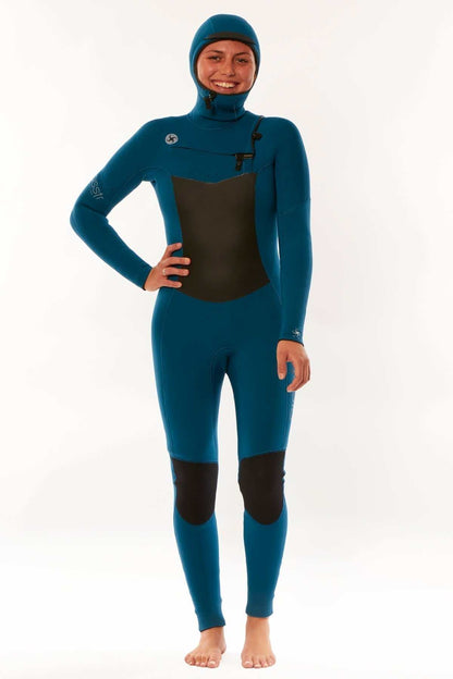 Sisstr 7 Seas 6/5 Hooded Chest Zip Wetsuit in teal blue with black chest and knee panels, hooded design, and chest zipper closure.