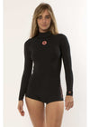 Sisstr Summer Seas spring wetsuit in solid black neoprene, with long sleeves, a high neck and boy short bottom.