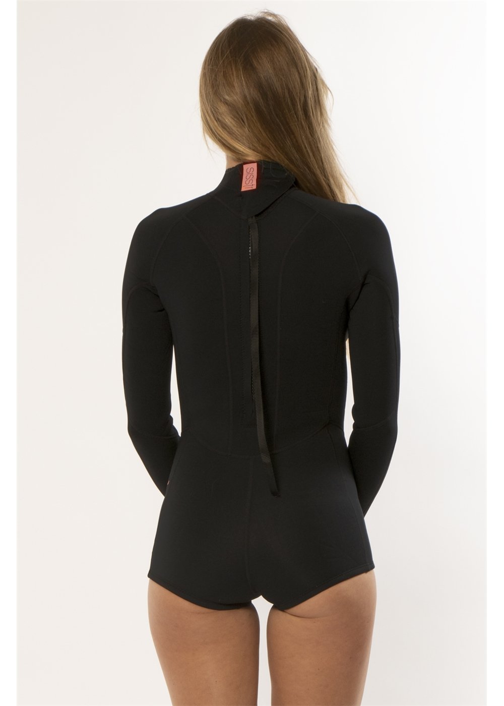 Sisstr Summer Seas long-sleeve spring suit in solid black neoprene, with a full-length back zip and boy-short bottom.