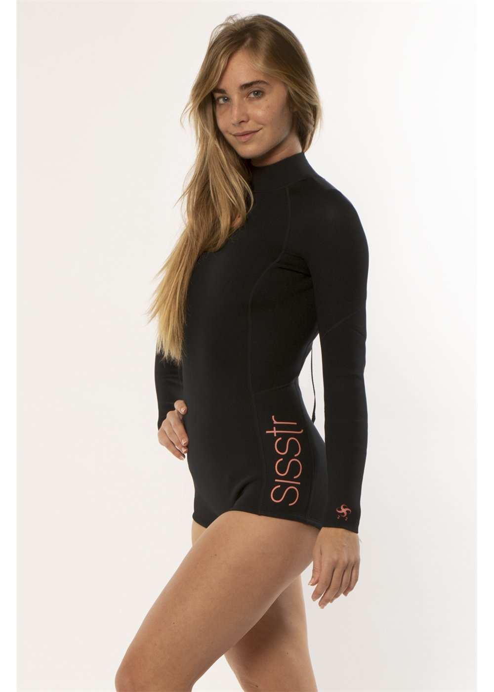 Sisstr Summer Seas long-sleeve spring suit in solid black neoprene, with a high neck, boy-short legs and pink logo lettering.