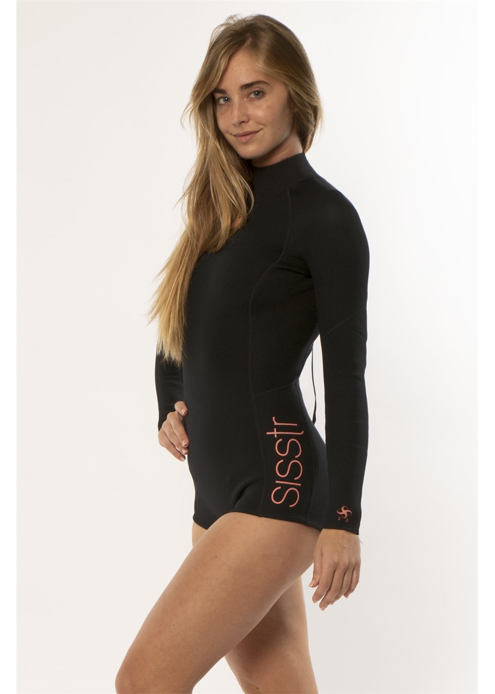 Sisstr Summer Seas spring suit in black neoprene with long sleeves, high neck, boyshort bottom and orange logo lettering.
