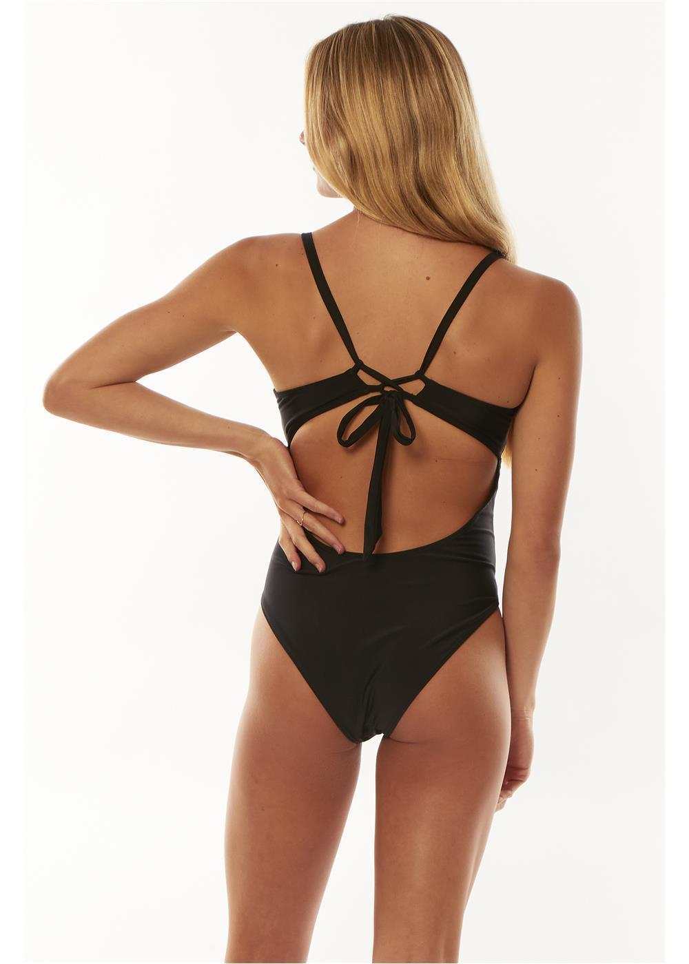 Sisstrevolution Solid Layton one-piece swimsuit in solid black stretch fabric, with crisscross straps and an adjustable tie-back.