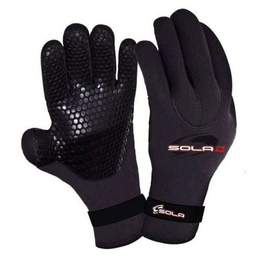 Sola 3mm Titanium wetsuit gloves in black neoprene, with raised textured palm grip, pre-bent fingers and wrist straps.