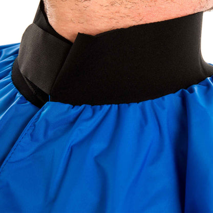 Spray Jacket in bright blue waterproof fabric, featuring a wide black neoprene collar with an adjustable closure.