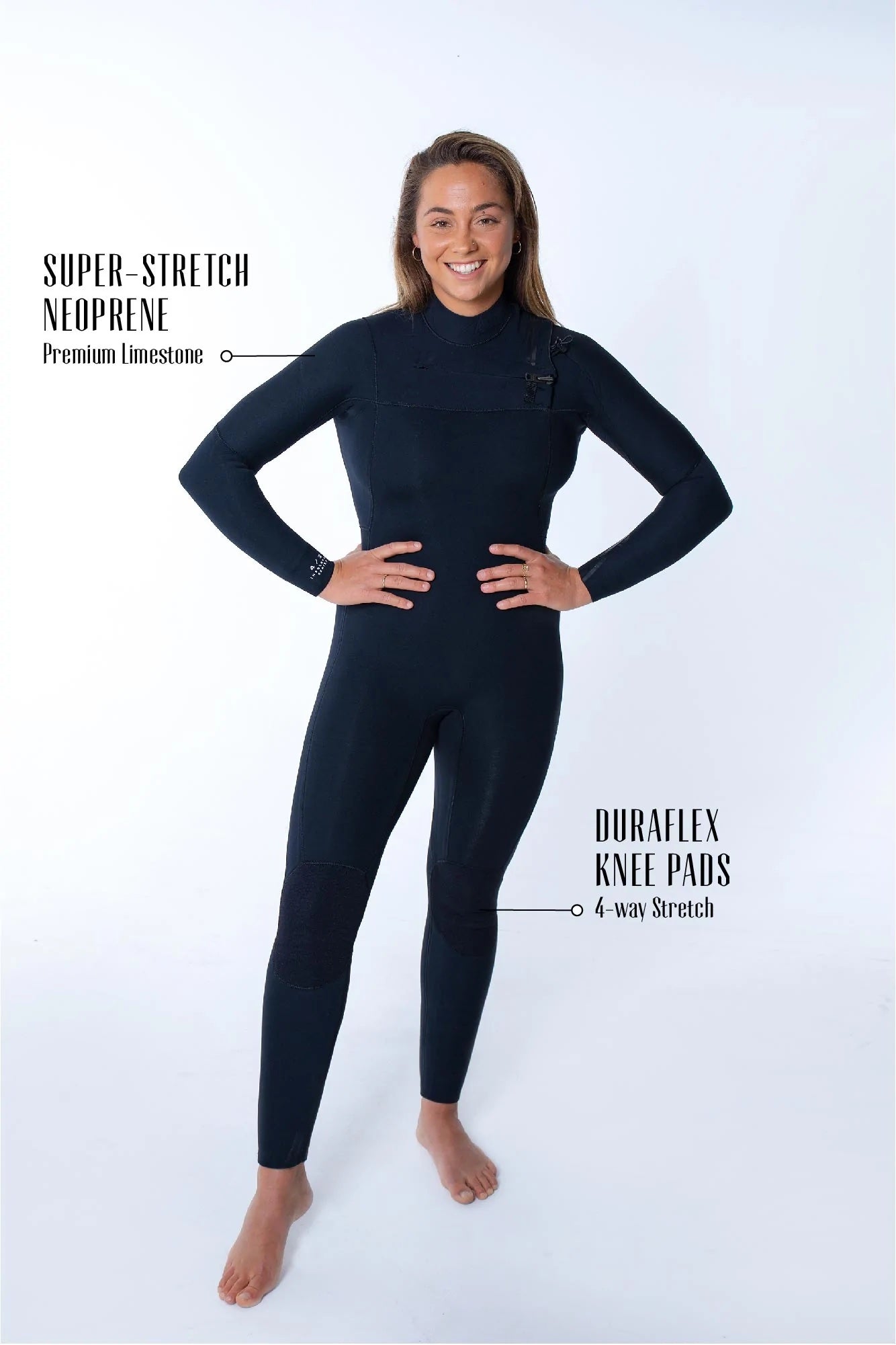 Woman wearing Merino Insulator Series 4/3 chest zip wetsuit with woolly thermal lining and taped seams for warmth and flexibility