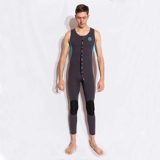 Mens 3/2mm LONG JOHN sleeveless wetsuit in dark grey neoprene with a front zip, teal side panels and black knee pads.