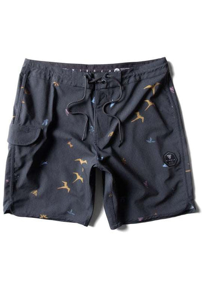 Vissla Miyashiro Island Stargazer Boardshort in charcoal stretch fabric, with scattered bird print, drawstring waist and side pockets.