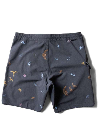 Vissla Miyashiro Island Stargazer Boardshort in charcoal stretch fabric with scattered colorful island-inspired bird and motif prints.