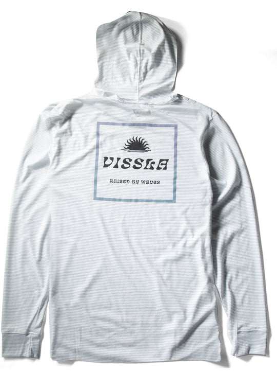 Vissla The Box Comp long-sleeve hooded performance tee in pale gray, with fine stripes and a boxed back logo.